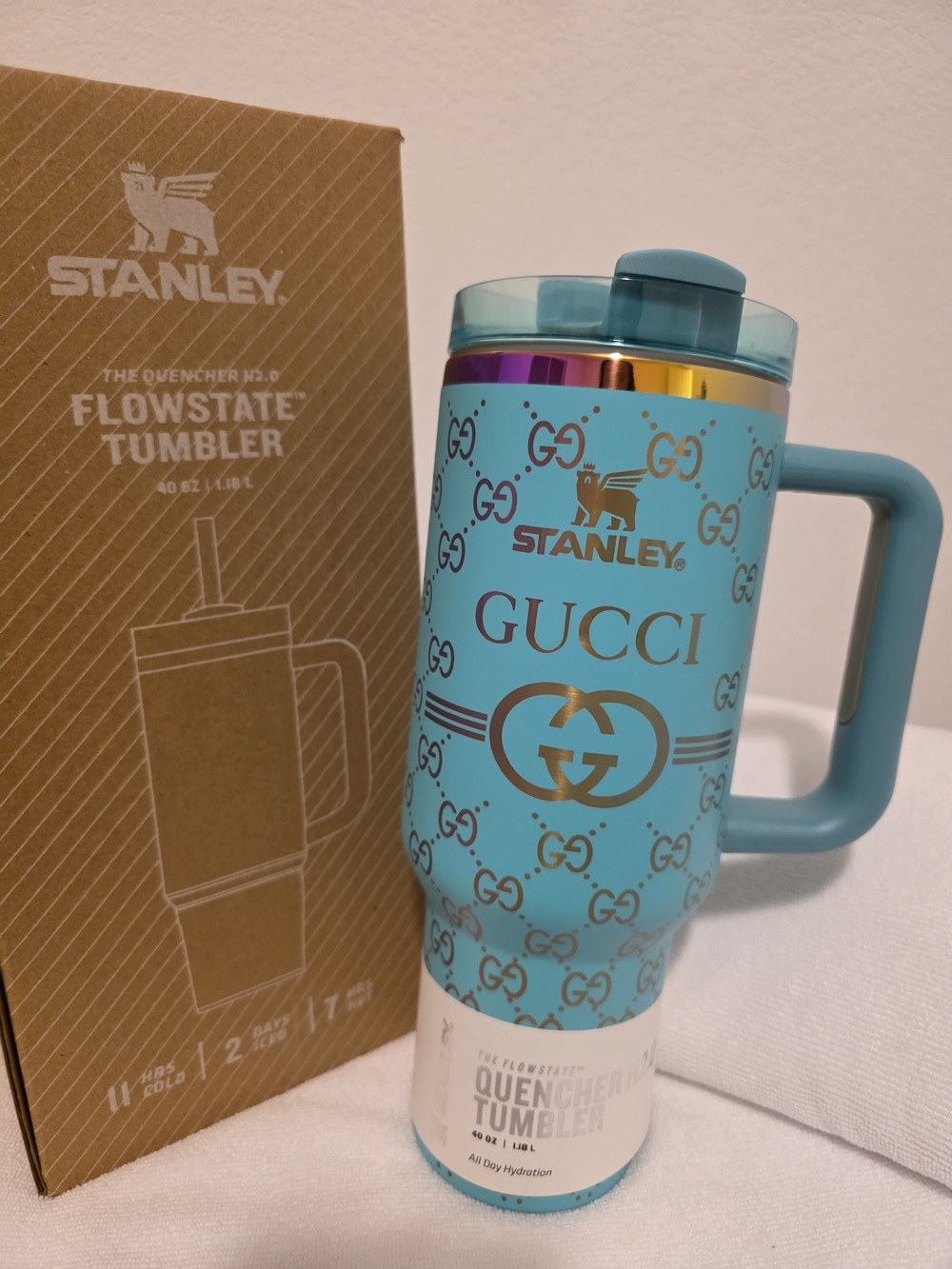 Stanley Turquoise Iridescent Engraved Logo FlowState Quencher Tumbler 40 Oz